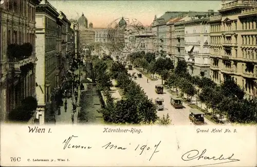 Ak Wien 1 Innere Stadt, Kärnthner-Ring, Grand Hotel, Straßenbahnen