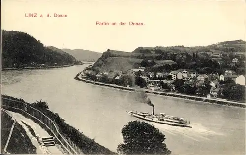 Ak Linz an der Donau Oberösterreich, Partie am Fluss, Dampfschiff