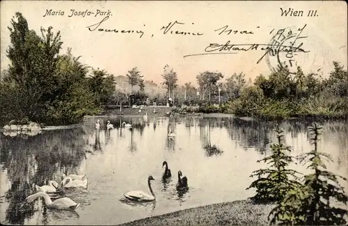 Ak Wien 3 Landstraße, Maria Josefa-Park, Schwäne, Teich