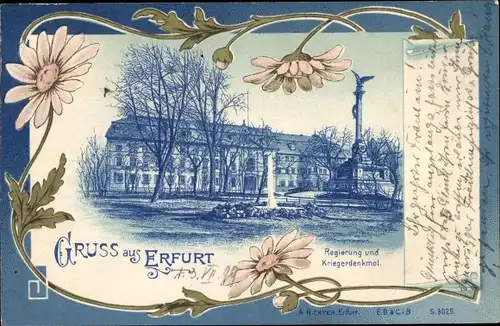 Passepartout Litho Erfurt in Thüringen, Regierung und Kriegerdenkmal, Blumen