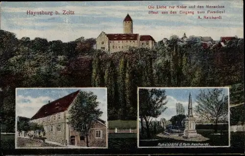 Ak Haynsburg Wetterzeube Burgenlandkreis, Gasthof, Burg, Ruhestätte d. Fam. Reichardt