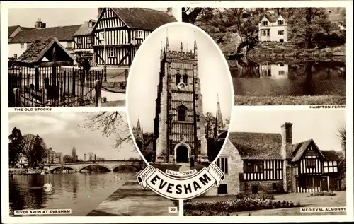 Ak Evesham Worcestershire England, The Old Stocks, Hampton Ferry, River Avon, Medieval Almonry