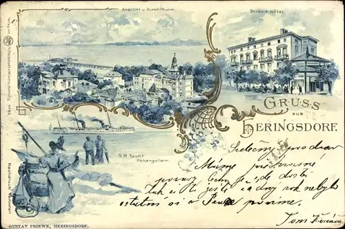 Litho Ostseebad Heringsdorf auf Usedom, Panorama vom Kirchturm, Strandhotel, SM Yacht Hohenzollern