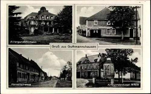 Ak Guthmannshausen Buttstädt in Thüringen, Rittergut Wohlmann, Herrenstraße, Kriegerdenkmal