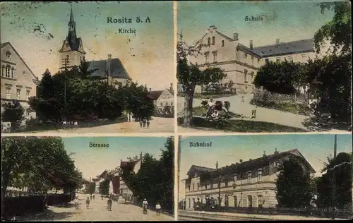 Ak Rositz im Altenburger Land Thüringen, Kirche, Schule, Straße, Bahnhof, Gleisansicht