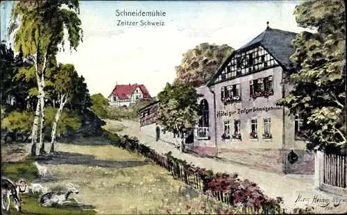 Künstler Ak Heinig, Hermann, Breitenbach Sachsen Anhalt, Hotel Restaurant Schneidermühle