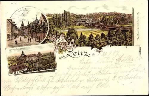 Litho Zeitz an der Weißen Elster im Burgenlandkreis, Schloss Moritzburg, Post, Panorama vom Ort