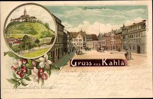Litho Kahla im Saale Holzland Kreis Thüringen, Marktplatz, Leuchtenburg von Seitenroda