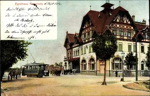 Ak Raschwitz Markkleeberg in Sachsen, Forsthaus, Inh. Paul Orlin, Straßenbahn, Kutschen