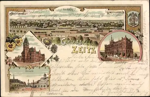 Litho Zeitz an der Weißen Elster im Burgenlandkreis, Post, Stadtschule, Altmarkt, Panorama, Bahnhof