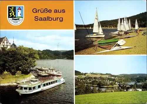 Ak Saalburg in Thüringen, Ortspanorama, Gewässerpartie, Segelboote, Wappen