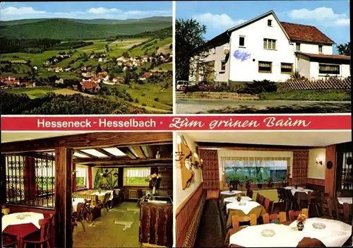 Ak Hesselbach Oberzent im Odenwald, Pension Zum grünen Baum, Ortspanorama, Innenansichten