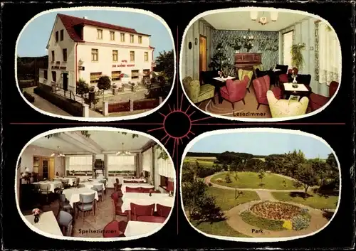 Ak Flammersfeld im Westerwald, Hotel Zur schönen Aussicht, Lesezimmer, Speisezimmer, Park