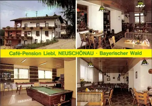 Ak Neuschönau in Niederbayern, Café-Pension Liebl, Speiseraum, Aufenthaltsraum mit Billardtisch