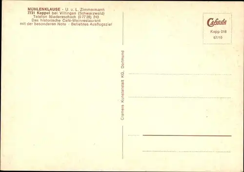 Ak Kappel Niedereschach im Schwarzwald Baden, Mühlenklause, U. u. L. Zimmermann