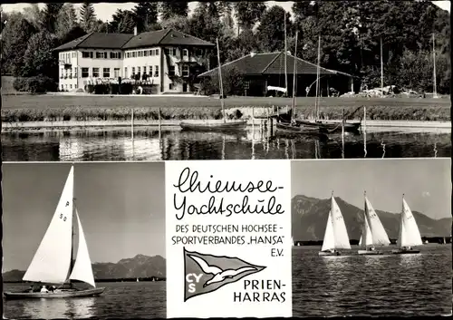 Ak Prien am Chiemsee Oberbayern, Jachtschule, Segelboote, Flagge