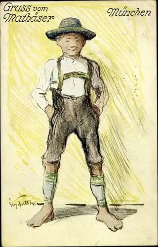 Künstler Ak München, Mathäserbräu, Junge in Lederhose
