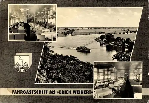 Ak Magdeburg an der Elbe, Fahrgastschiff MS Erich Weinert, Wappen, Innenansichten