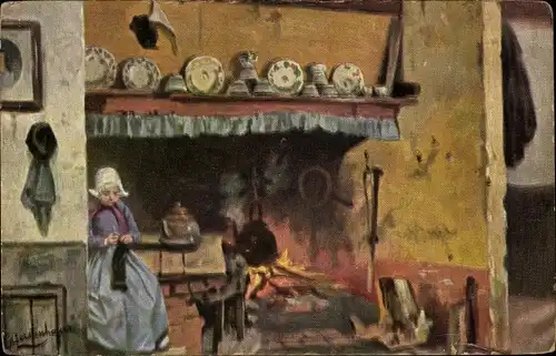 Künstler Ak Gerstenhauer, Johann Georg, niederländisches Motiv, strickendes Mädchen am Kamin