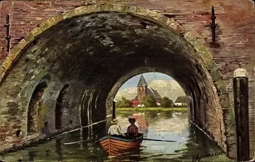 Künstler Ak Gerstenhauer, Johann Georg, Niederländisches Motiv, Kanalbrücke, Boot