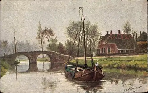 Künstler Ak Gerstenhauer, Johann Georg, Niederländisches Motiv, Kanal, Brücke, Boot