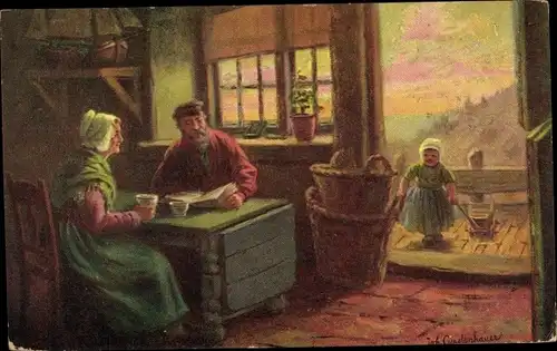 Künstler Ak Gerstenhauer, Johann Georg, Mann und Frau an einem Tisch, Mädchen