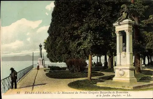 Ak Évian les Bains Haute Savoie, Le Monument du Prince Gregoire Bassaraba de Brancovan, Jardin