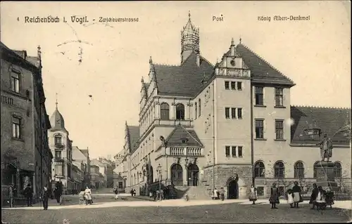 Ak Reichenbach im Vogtland, Zwickauer Straße, Post, König Albert Denkmal