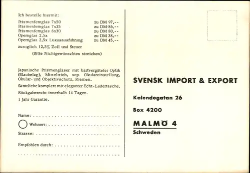 Ak Malmö Schweden, Svensk Import & Export, Kalendegatan 26, Fernglas, Prismenfernglas 7x50