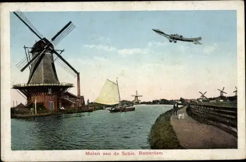 Ak Rotterdam Südholland Niederlande, Molen aan de Schie, Flugzeug, Segelboot