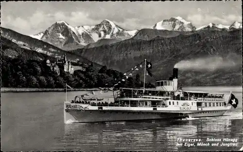 Ak Vevey Kanton Waadt, M. S. Blümlisalp, Schloss Hünegg, Eiger, Mönch und Jungfrau