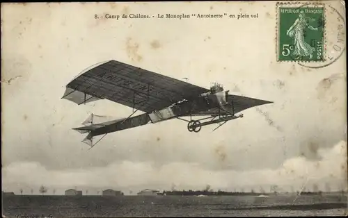 Ak Camp de Chalons, Le Monoplan Antoinette en plein vol, Flugpioniere