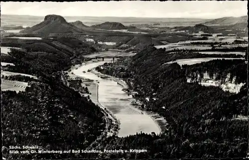 Ak Bad Schandau Sächsische Schweiz, Blick v. Gr. Winterberg, Panorama mit Postelwitz u. Krippen