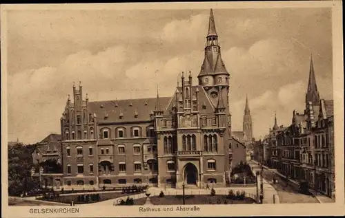 Ak Gelsenkirchen im Ruhrgebiet, Rathaus und Ahstraße, Kirchturm