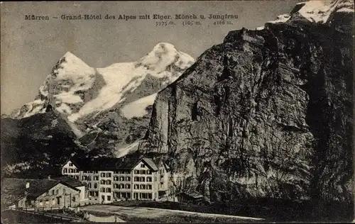 Ak Mürren Kanton Bern Schweiz, Grand Hotel des Alpes mit Eiger, Mönch und Jungfrau