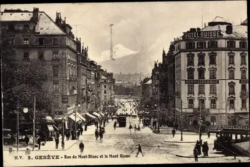 Ak Genève Genf Schweiz, Rue du Mont Blanc et le Mont Blanc, Straßenbahn