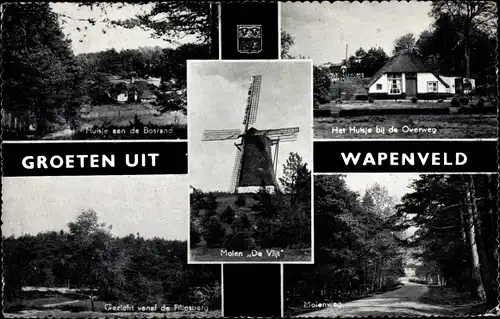 Ak Wapenveld Gelderland, Molen De Vlijt, Gezicht vanaf de Filipsberg, Molenweg, Huisje, Bosrand