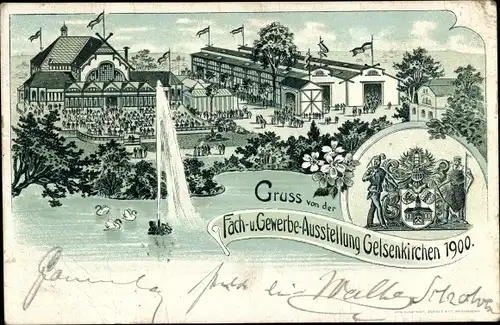 Litho Gelsenkirchen im Ruhrgebiet, Fach- und Gewerbeausstellung 1900, Wappen