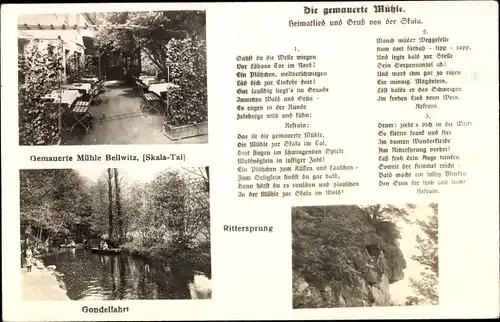 Lied Ak Bellwitz Löbau in Sachsen, Gemauerte Mühle, Skalatal, Gondelfahrt, Rittersprung, Heimatlied