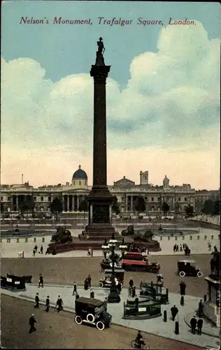 Ak London City England, Nelson's Monument, Trafalgar Square, Automobile