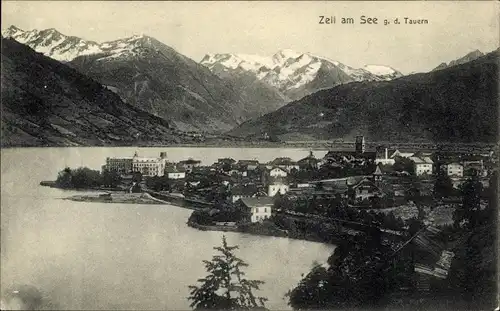 Ak Zell am See in Salzburg, Ortsansicht g. d. Tauern