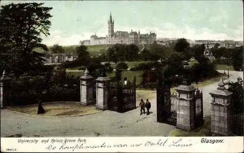 Ak Glasgow Schottland, University and Kelvin Grove Park