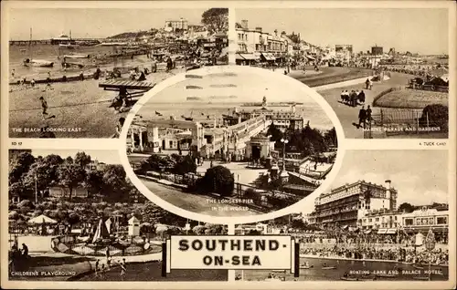 Ak Southend on Sea Essex England, The Beach looking East, Marine Parade and Gardens, Playground