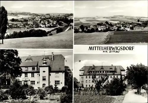 Ak Mittelherwigsdorf Oberlausitz, Gesamtansicht, Gemeindeamt, Feierabendheim