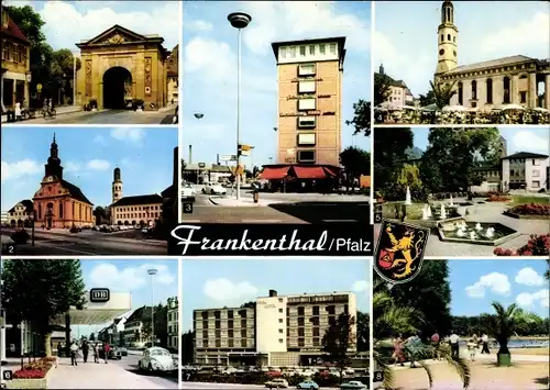 Ak Frankenthal in der Pfalz, Wormser Tor, Rathausplatz, Postplatz, Wochenmarkt, Wassergarten,Bahnhof