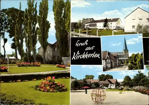 Ak Kirchherten Bedburg an der Erft, Kirche, Spielplatz, Wohnhäuser, Gartenanlage