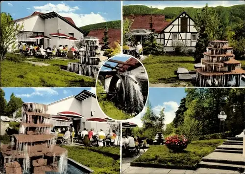 Ak Bad König im Odenwald Hessen, Gaststätte-Café Drei Mühlen, Außenanlagen, Springbrunnen