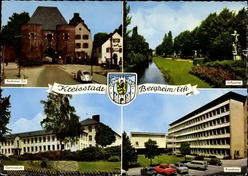 Ak Bergheim an der Erft, Wappen, Erftpartie, Kreishaus, Aachener Tor, Gymnasium, Wappen