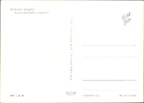 Ak Schöneck im Vogtland, Konsum-Gaststätte Jagdidyll, Außenansicht, Bar, Speisesaal