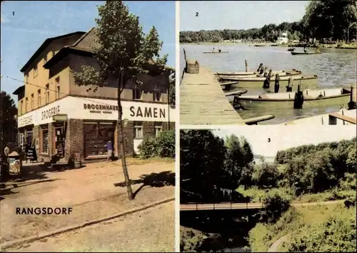 Ak Rangsdorf in der Mark Brandenburg, Seebad Allee, Drogerie, Strandbad, Bootshafen, Krumme Lanke